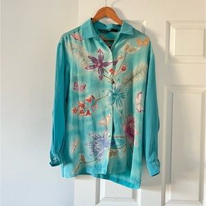 Mureli floral butterfly print silk button up blouse